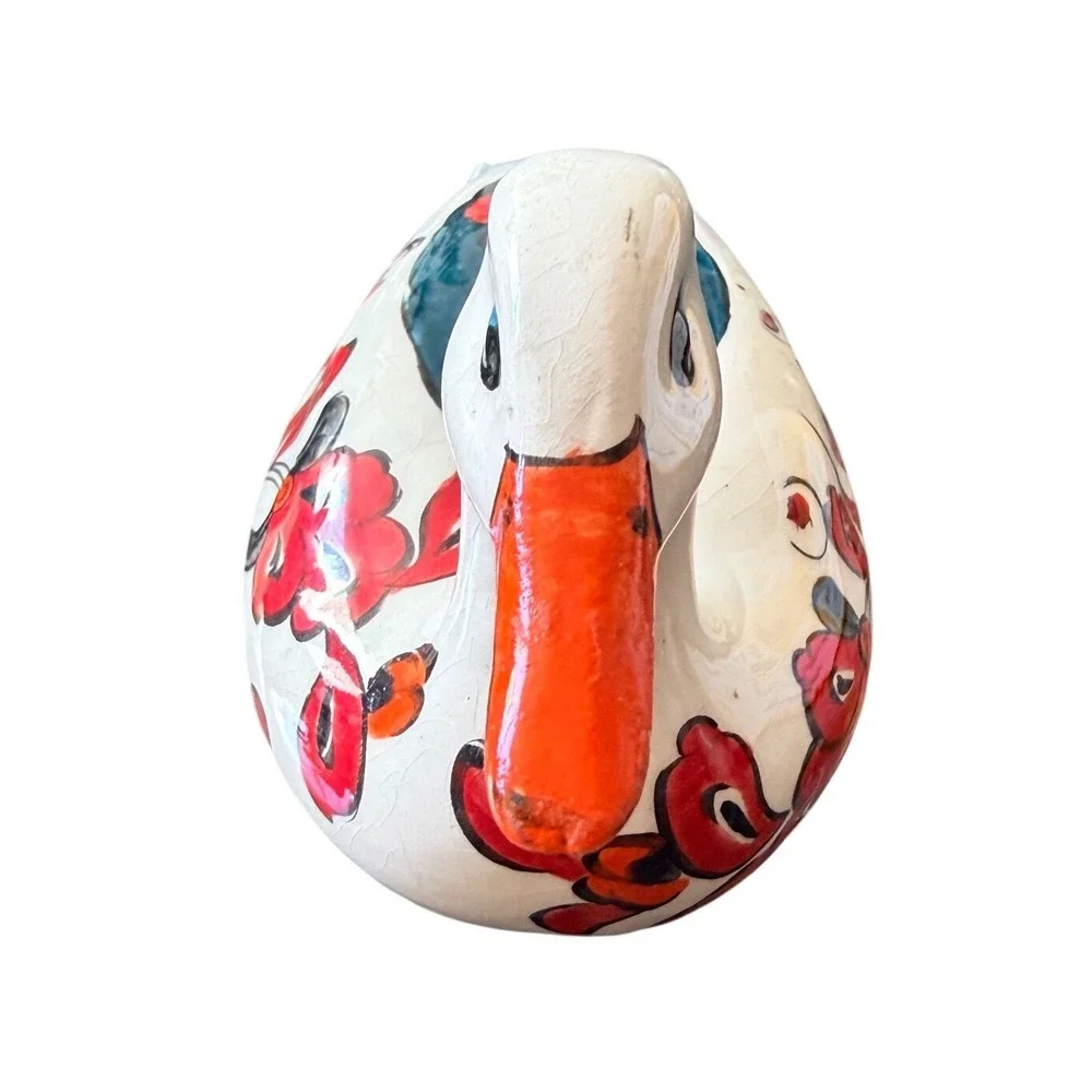 Hand Painted Ceramic Duck Figurine Floral Folk Art White Red Blue 8 Inch